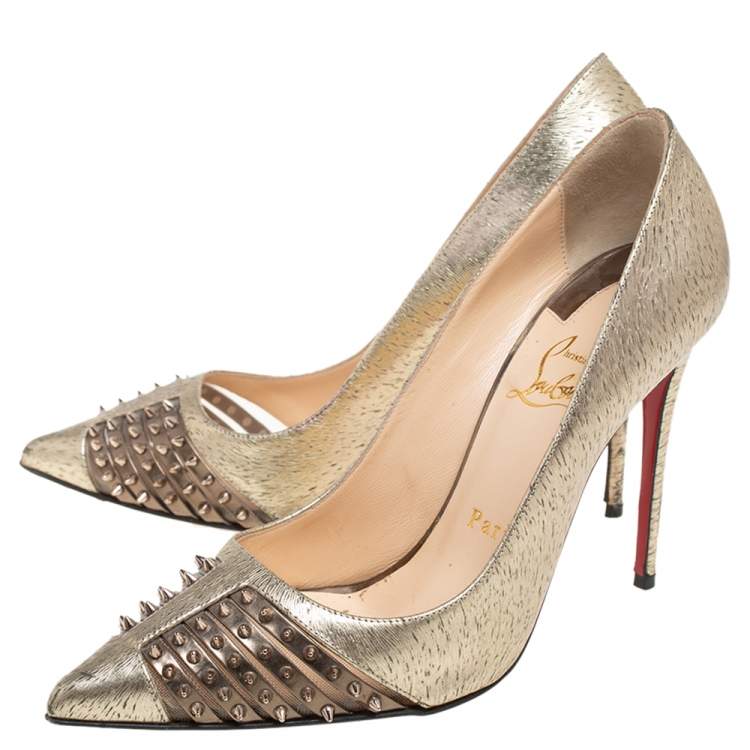 Pre Owned Christian Louboutin Gold Textured Leather Spike Bareta Pumps Size 36