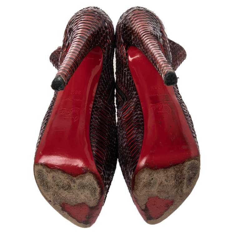 Pre Owned Christian Louboutin Burgundy Water Snake Daffodile Ankle Boots Size 38.5