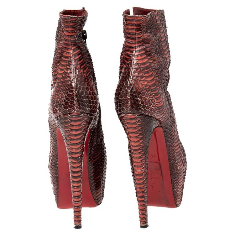 Pre Owned Christian Louboutin Burgundy Water Snake Daffodile Ankle Boots Size 38.5