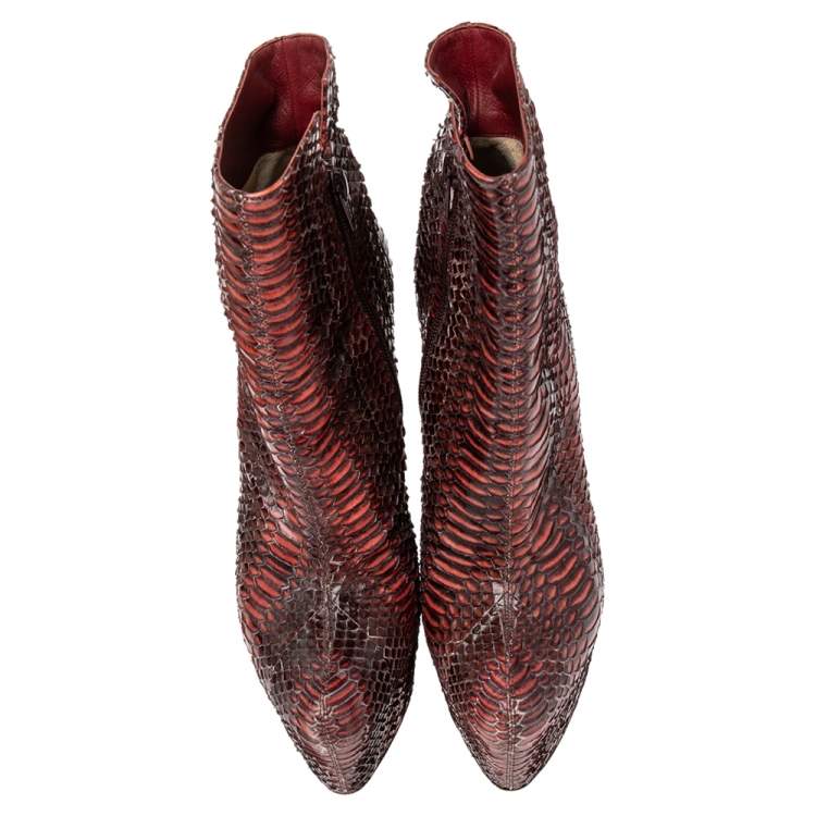 Pre Owned Christian Louboutin Burgundy Water Snake Daffodile Ankle Boots Size 38.5