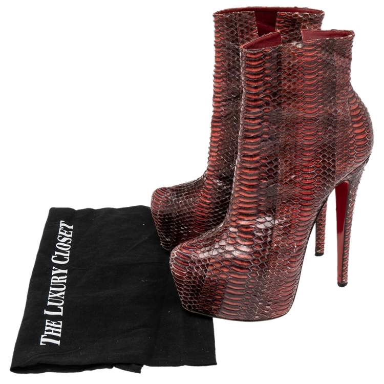 Pre Owned Christian Louboutin Burgundy Water Snake Daffodile Ankle Boots Size 38.5