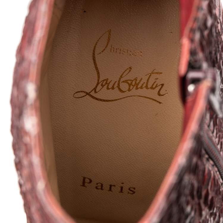 Pre Owned Christian Louboutin Burgundy Water Snake Daffodile Ankle Boots Size 38.5