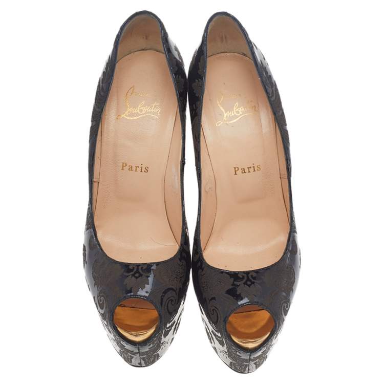 Pre Owned Christian Louboutin Black Patent Leather Highness Arabesque Motif Peep Toe Platform Pumps Size 38.5