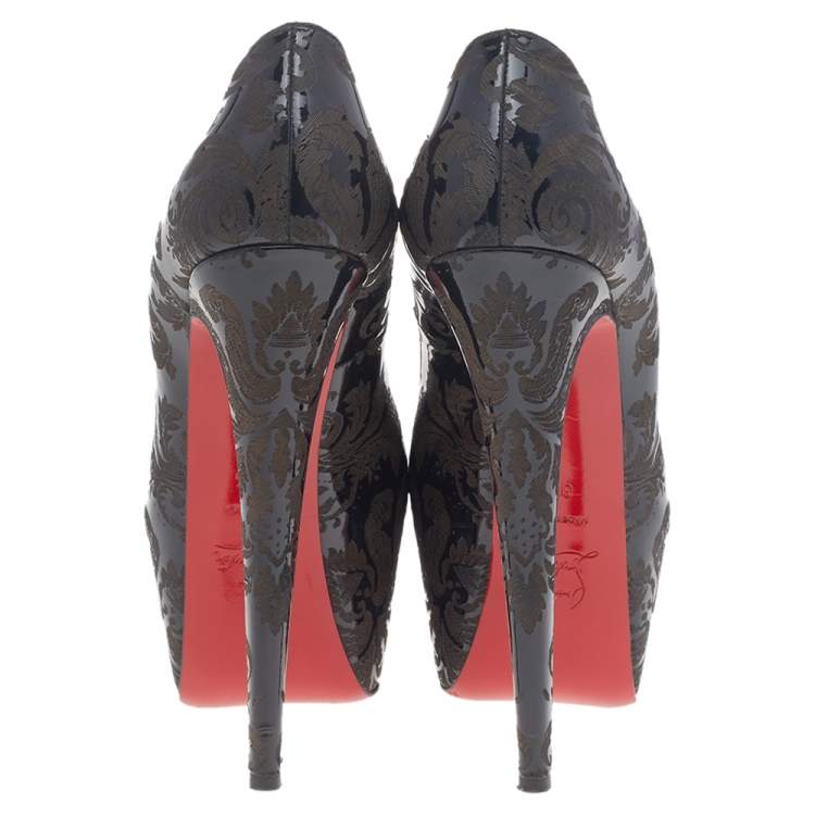 Pre Owned Christian Louboutin Black Patent Leather Highness Arabesque Motif Peep Toe Platform Pumps Size 38.5