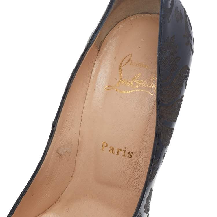 Pre Owned Christian Louboutin Black Patent Leather Highness Arabesque Motif Peep Toe Platform Pumps Size 38.5