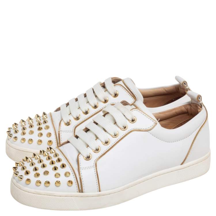 Pre Owned Christian Louboutin White/Gold Leather Louis Junior Spikes Sneakers Size 37