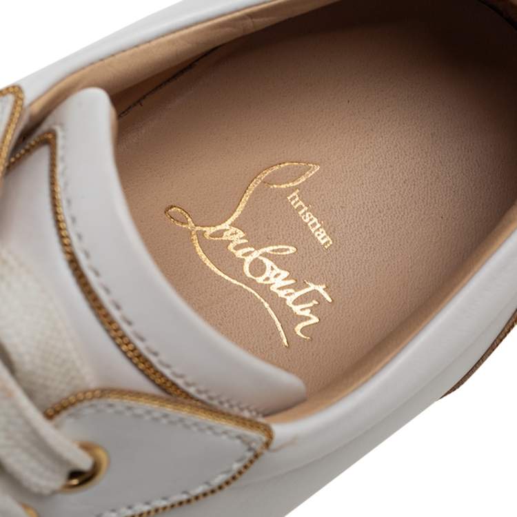 Pre Owned Christian Louboutin White/Gold Leather Louis Junior Spikes Sneakers Size 37
