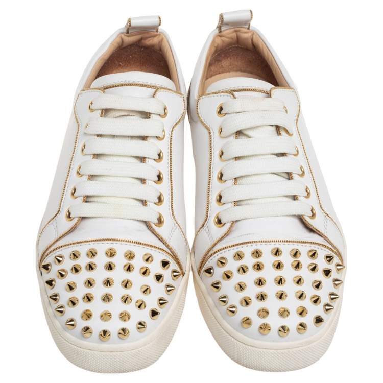 Pre Owned Christian Louboutin White/Gold Leather Louis Junior Spikes Sneakers Size 37