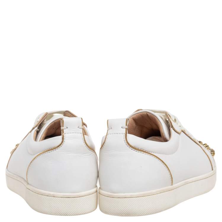 Pre Owned Christian Louboutin White/Gold Leather Louis Junior Spikes Sneakers Size 37