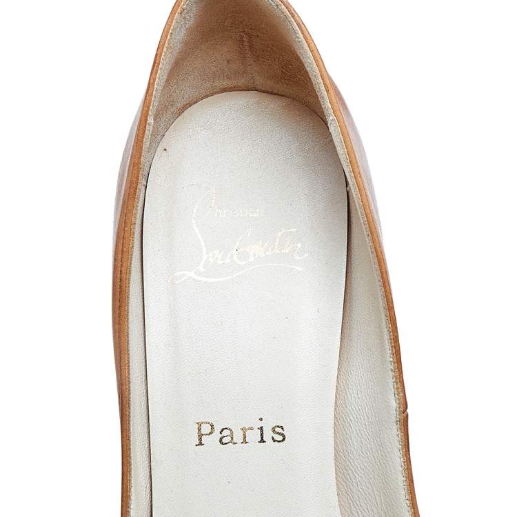 Pre Owned Christian Louboutin Tan Leather Peep Toe Platform Pumps Size 38.5