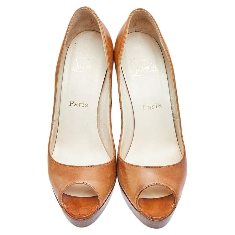 Pre Owned Christian Louboutin Tan Leather Peep Toe Platform Pumps Size 38.5