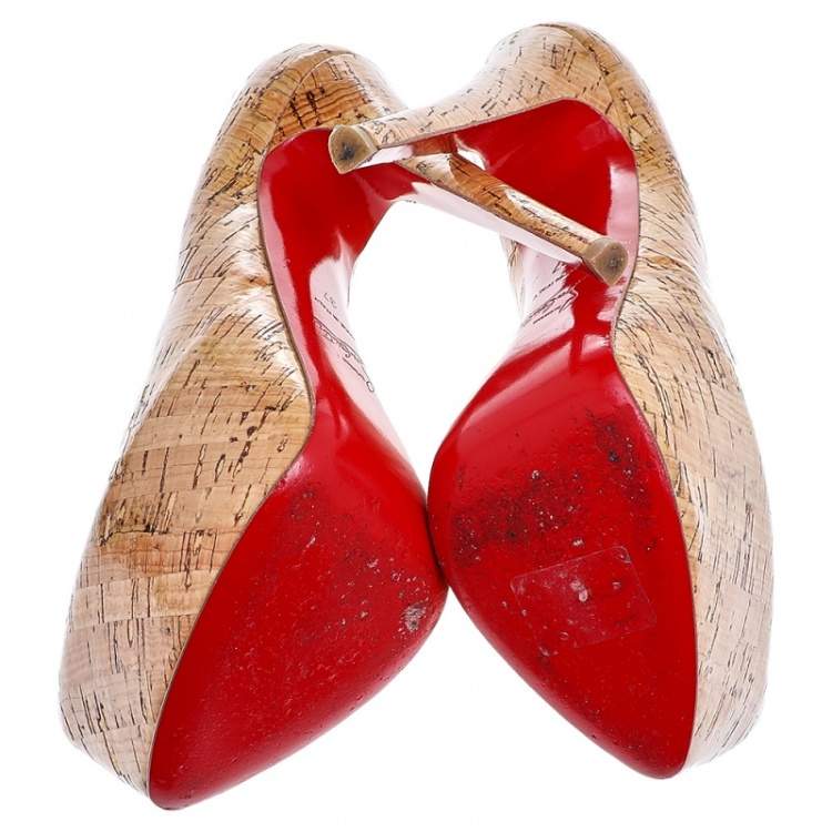 Pre Owned Christian Louboutin Beige Cork Highness Peep Toe Platform Pumps Size 37