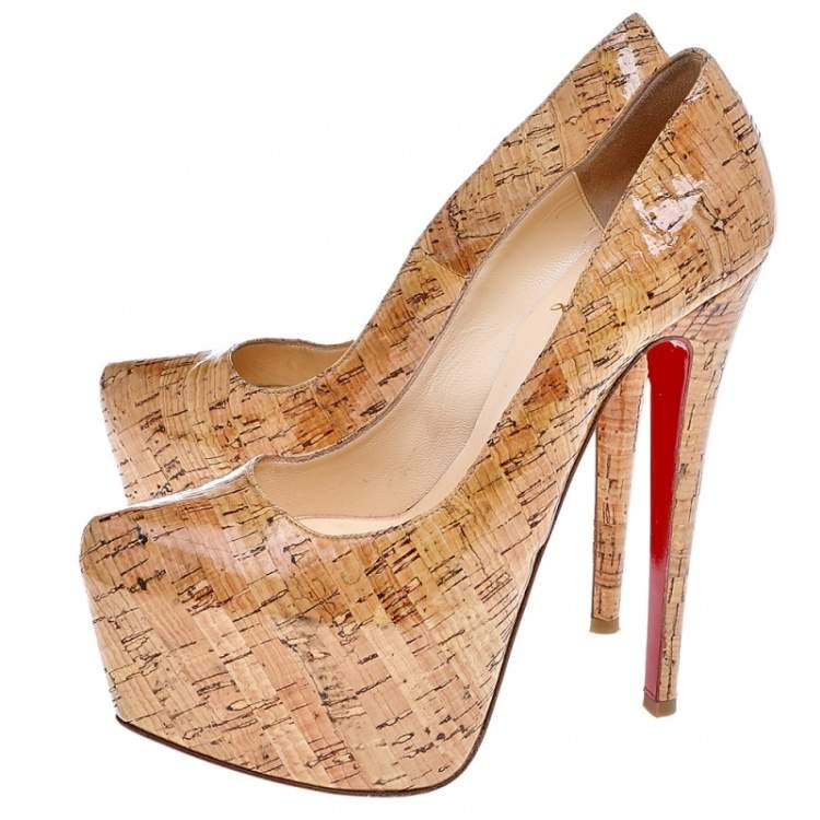 Pre Owned Christian Louboutin Beige Cork Highness Peep Toe Platform Pumps Size 37