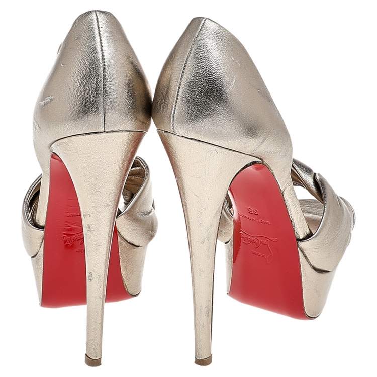 Pre Owned Christian Louboutin Metallic Gold Leather Peacock Platform Pumps Size 36