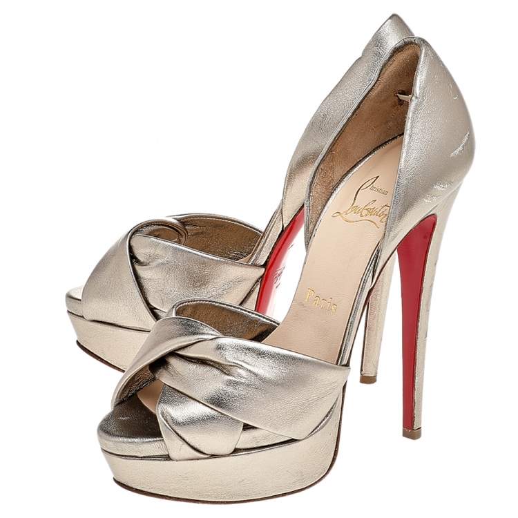 Pre Owned Christian Louboutin Metallic Gold Leather Peacock Platform Pumps Size 36