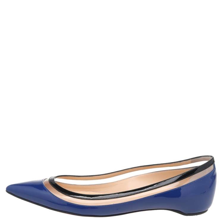 Pre Owned Christian Louboutin Blue/Black Patent Leather And PVC Paulina Ballet Flats Size 37.5