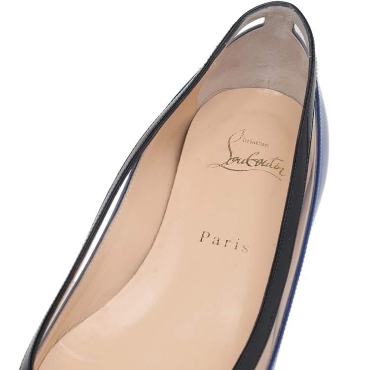Pre Owned Christian Louboutin Blue/Black Patent Leather And PVC Paulina Ballet Flats Size 37.5