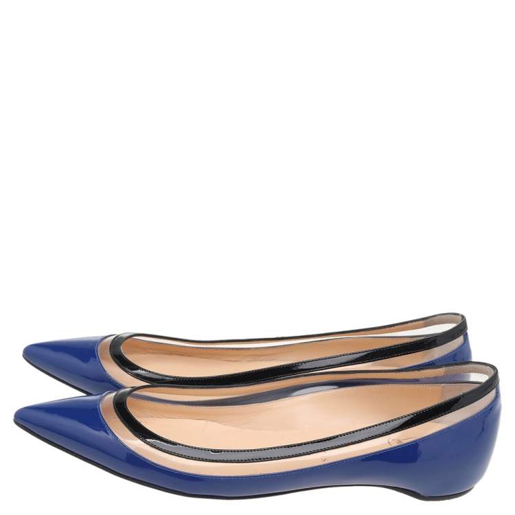 Pre Owned Christian Louboutin Blue/Black Patent Leather And PVC Paulina Ballet Flats Size 37.5