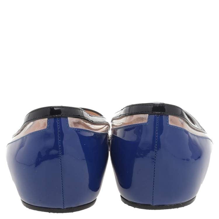 Pre Owned Christian Louboutin Blue/Black Patent Leather And PVC Paulina Ballet Flats Size 37.5