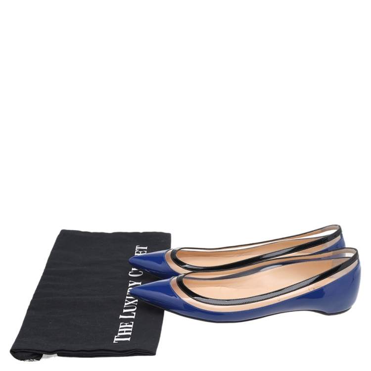 Pre Owned Christian Louboutin Blue/Black Patent Leather And PVC Paulina Ballet Flats Size 37.5