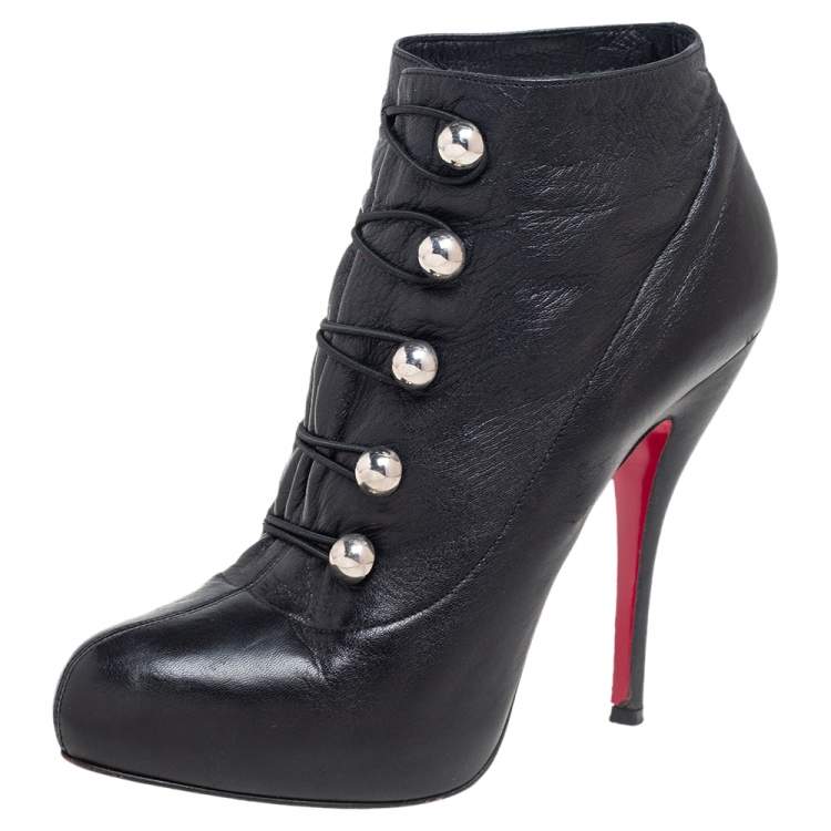 Pre Owned Christian Louboutin Black Leather Ron Fifi Ankle Booties Size 38