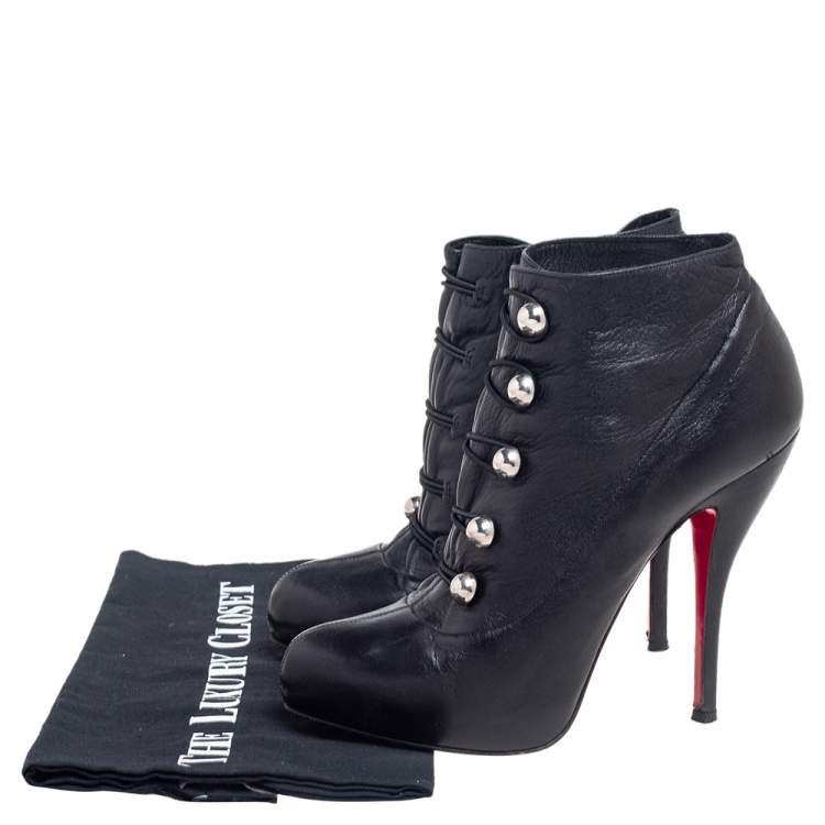 Pre Owned Christian Louboutin Black Leather Ron Fifi Ankle Booties Size 38