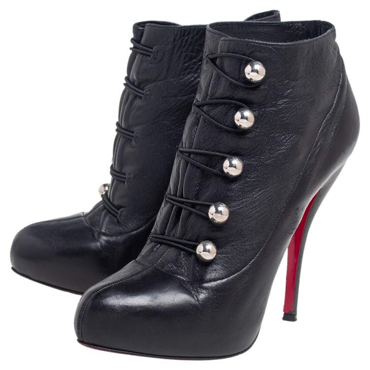 Pre Owned Christian Louboutin Black Leather Ron Fifi Ankle Booties Size 38