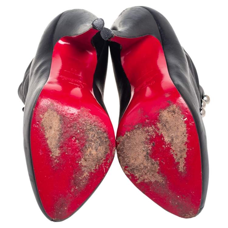 Pre Owned Christian Louboutin Black Leather Ron Fifi Ankle Booties Size 38