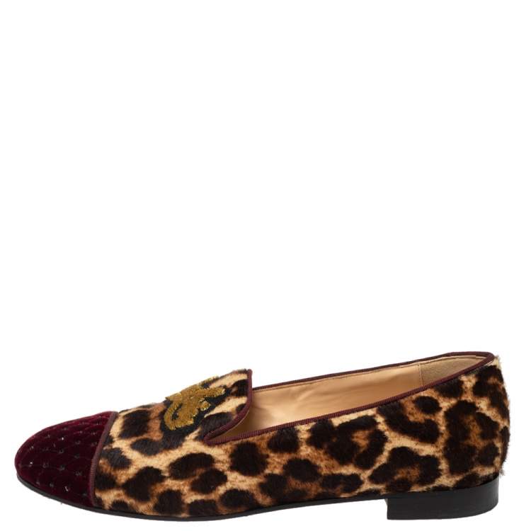 Pre Owned Christian Louboutin Brown Tiger Print Pony Hair And  Canvas Rollerboy  Loafers Size 38.5