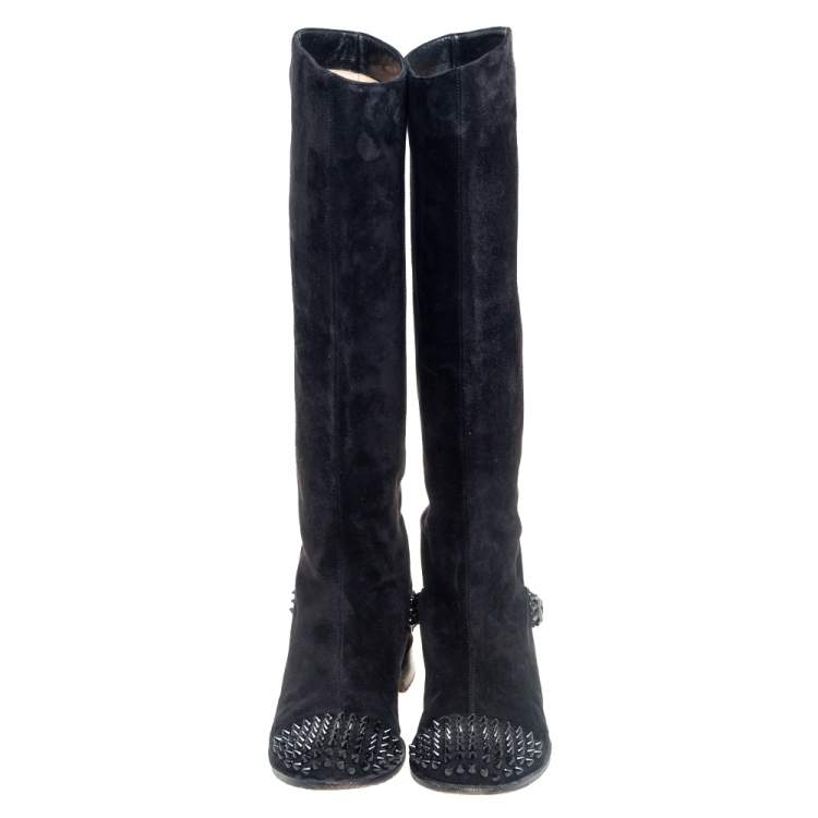 مملوكة مسبقًا Christian Louboutin Black Suede Spike Cap Toe Egoutina Knee Boots Size 39