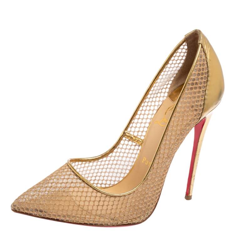 Christian Louboutin Beige/Gold Mesh And Leather Trim Follies