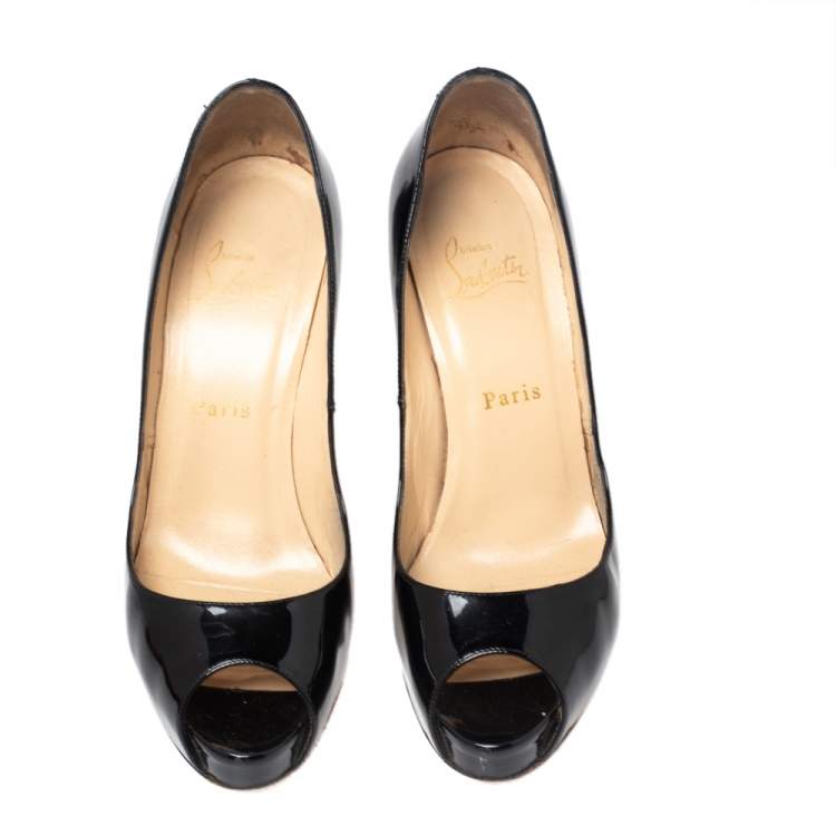 Pre Owned Christian Louboutin Black Patent Leather Very Prive Peep Toe Platform Pumps Size 38