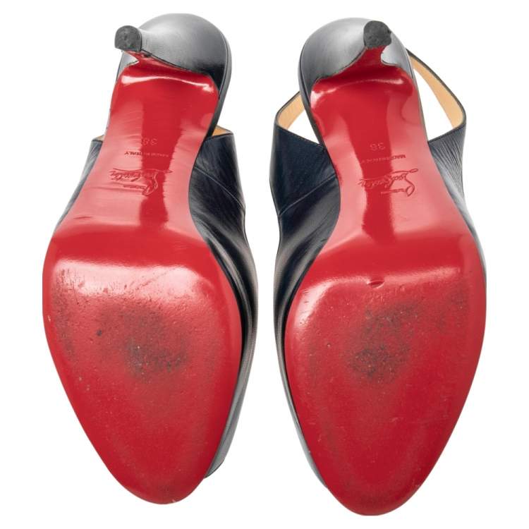 Pre Owned Christian Louboutin Navy Blue Leather Private Number Platform Slingback Sandals Size 38