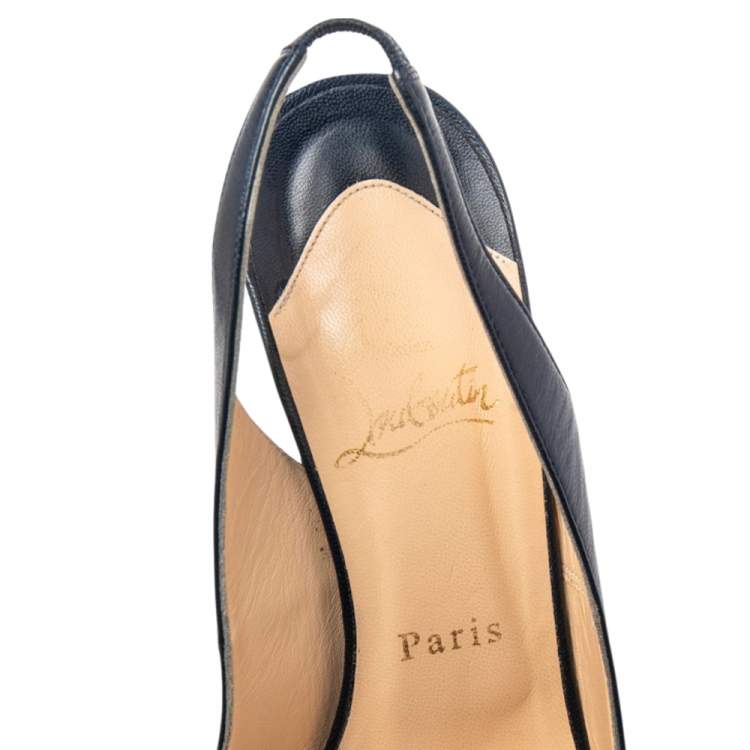 Pre Owned Christian Louboutin Navy Blue Leather Private Number Platform Slingback Sandals Size 38