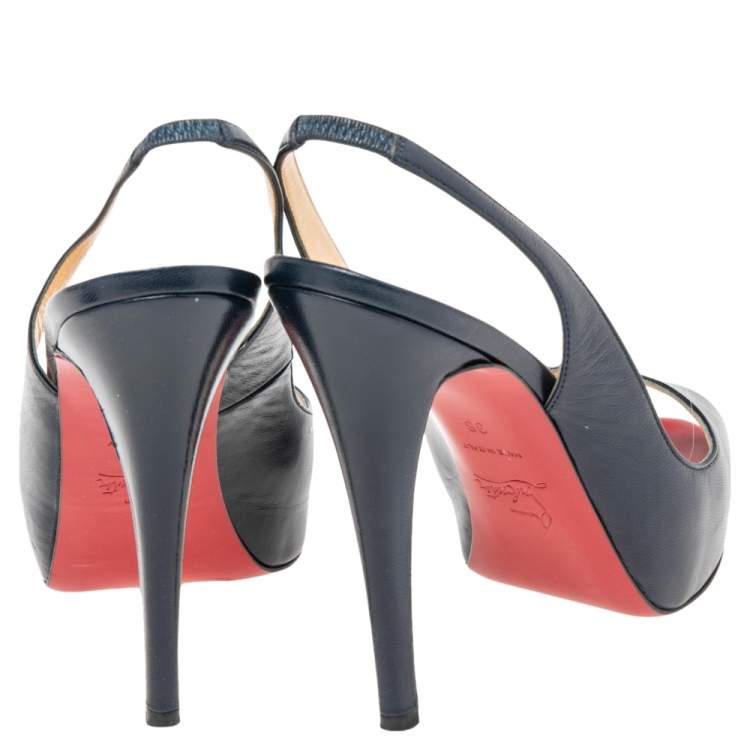 Pre Owned Christian Louboutin Navy Blue Leather Private Number Platform Slingback Sandals Size 38