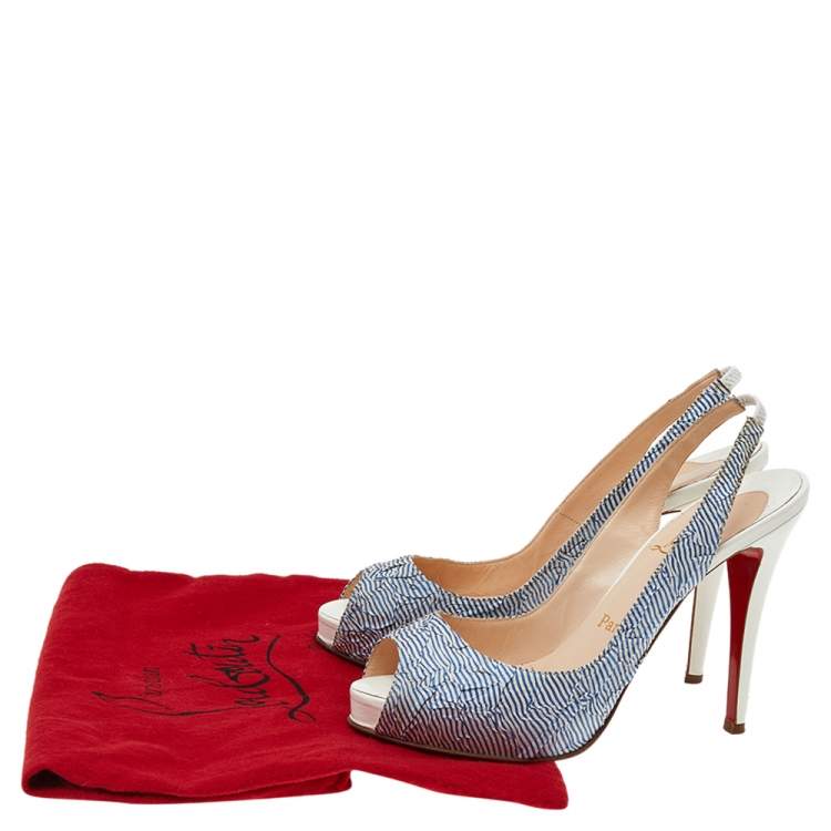 Pre Owned Christian Louboutin White/Blue Striped Fabric Prive Peep Toe Slingback Sandals Size 38