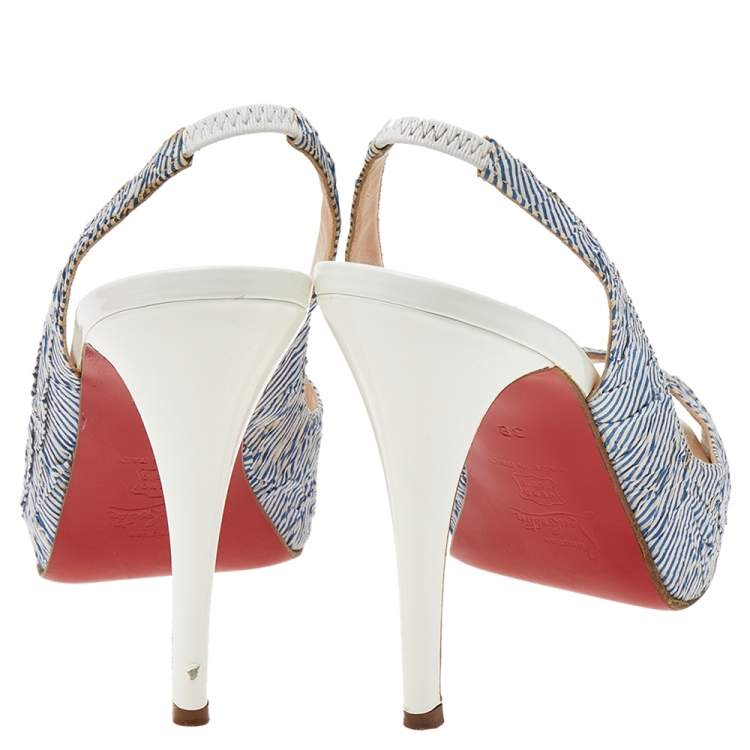 Pre Owned Christian Louboutin White/Blue Striped Fabric Prive Peep Toe Slingback Sandals Size 38