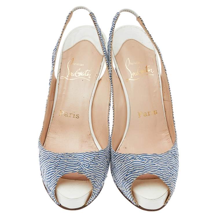 Pre Owned Christian Louboutin White/Blue Striped Fabric Prive Peep Toe Slingback Sandals Size 38