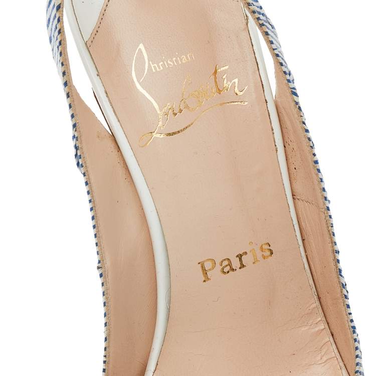 Pre Owned Christian Louboutin White/Blue Striped Fabric Prive Peep Toe Slingback Sandals Size 38