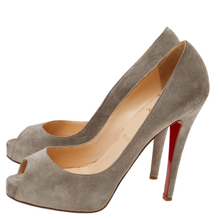 Pre Owned Christian Louboutin Grey Suede Prive Peep Toe Platform Pumps Size 38.5