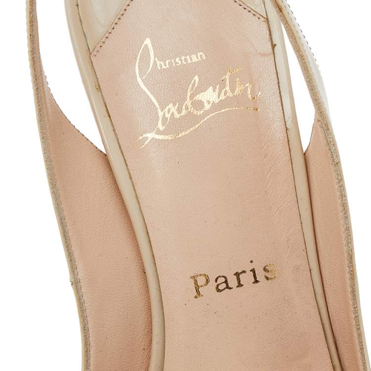 Pre Owned Christian Louboutin Beige Patent Leather Peep Toe Slingback Sandals Size 38