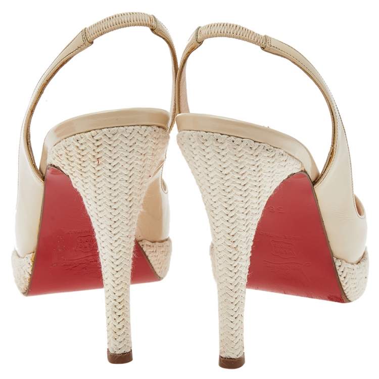 Pre Owned Christian Louboutin Beige Patent Leather Peep Toe Slingback Sandals Size 38