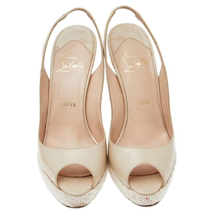 Pre Owned Christian Louboutin Beige Patent Leather Peep Toe Slingback Sandals Size 38