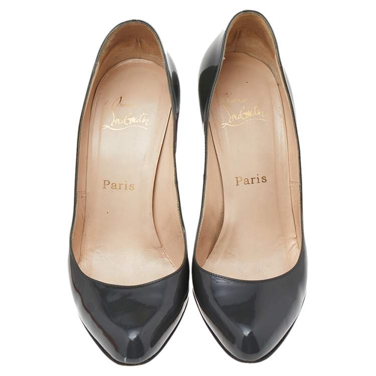 Pre Owned Christian Louboutin Dark Grey Patent Leather Pumps Size 38.5