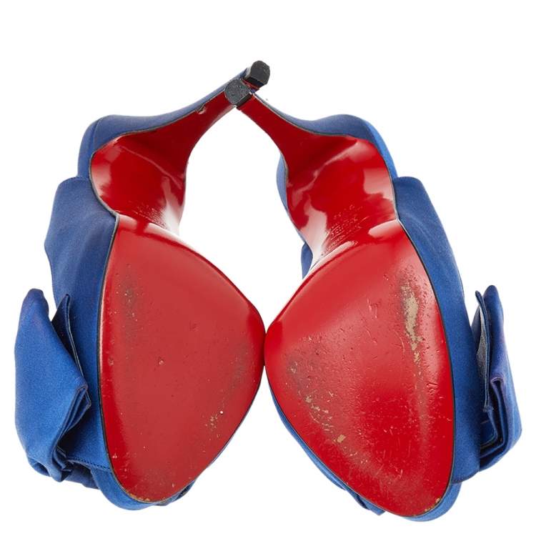 Pre Owned Christian Louboutin Blue Satin Bow Platform Slingback Sandals Size 37.5