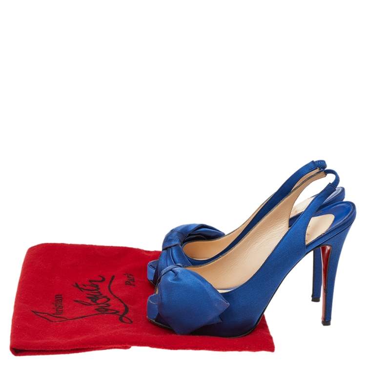 Pre Owned Christian Louboutin Blue Satin Bow Platform Slingback Sandals Size 37.5