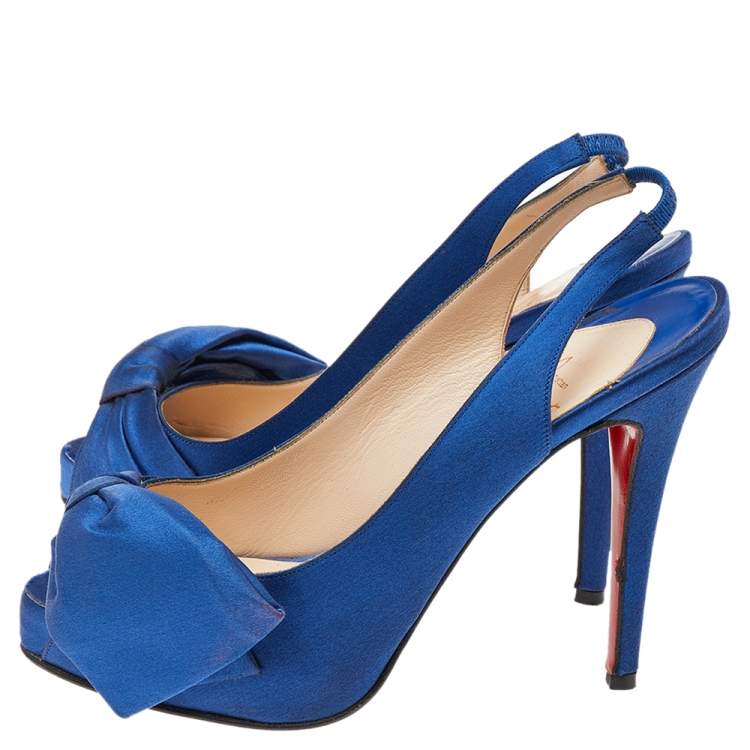 Pre Owned Christian Louboutin Blue Satin Bow Platform Slingback Sandals Size 37.5