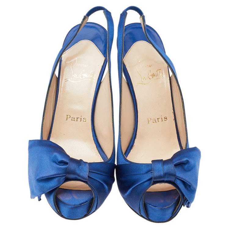 Pre Owned Christian Louboutin Blue Satin Bow Platform Slingback Sandals Size 37.5