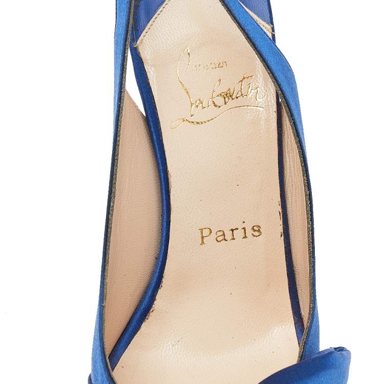 Pre Owned Christian Louboutin Blue Satin Bow Platform Slingback Sandals Size 37.5