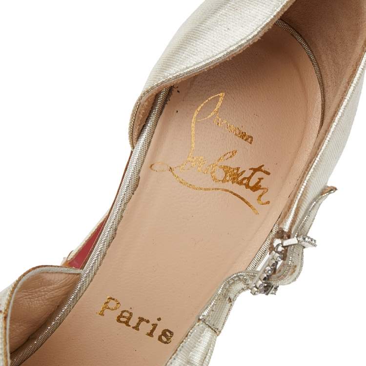 Pre Owned Christian Louboutin Metallic Gold Lamé Fabric Ruffle D'Orsay Pumps Size 38